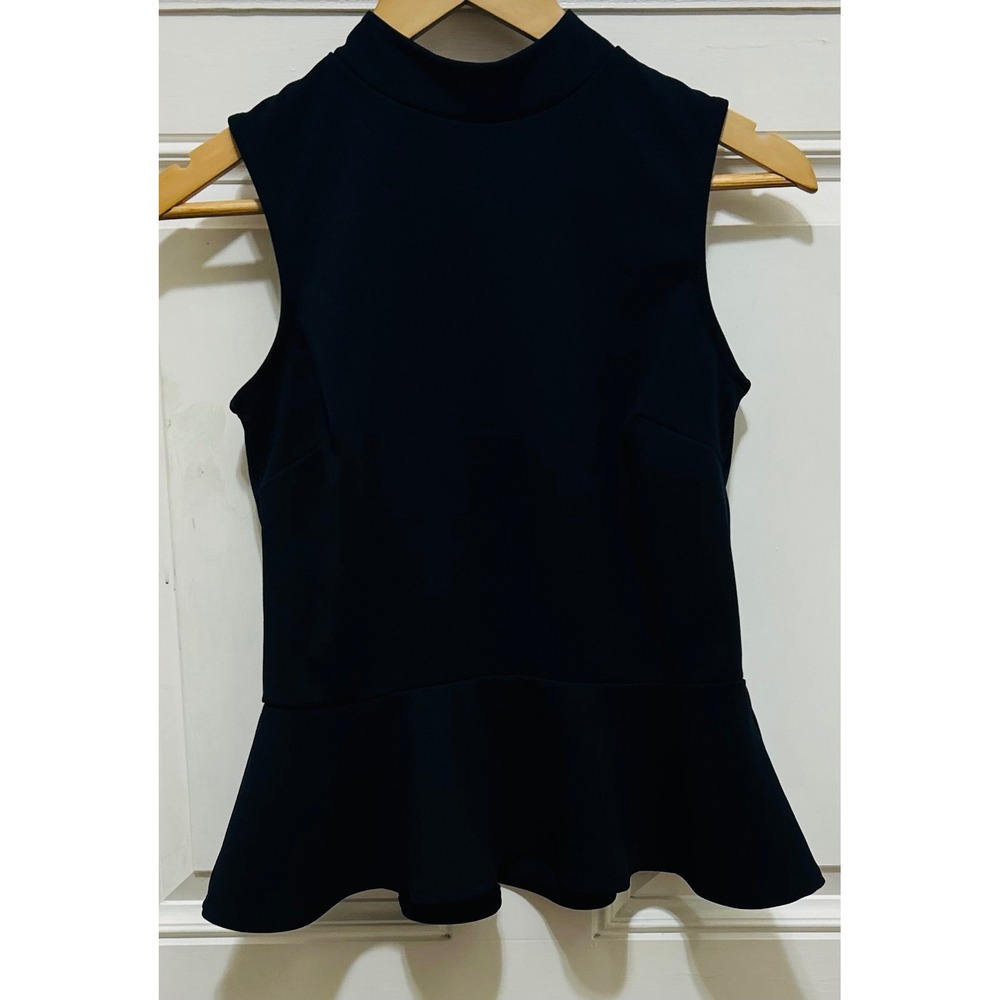 Banana Republic Womens XS Navy Blue Mock Neck Peplum Sleeveless Top Keyhole Back